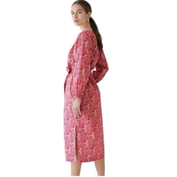 J Crew Collection NEW Tie-Waist Cotton Poplin Dress in Ratti® Pink Blooms Print - Picture 4 of 14